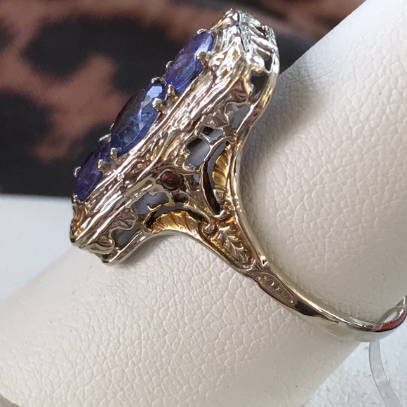 14k WG/YG - Three Stone Tanzanite Ring - Art Deco Style - Sz 9 - Picture 4 of 10
